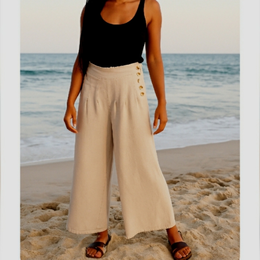 Rewash Wide Leg Linen Blend Pleated Sailor Pants With Raw Waist XL